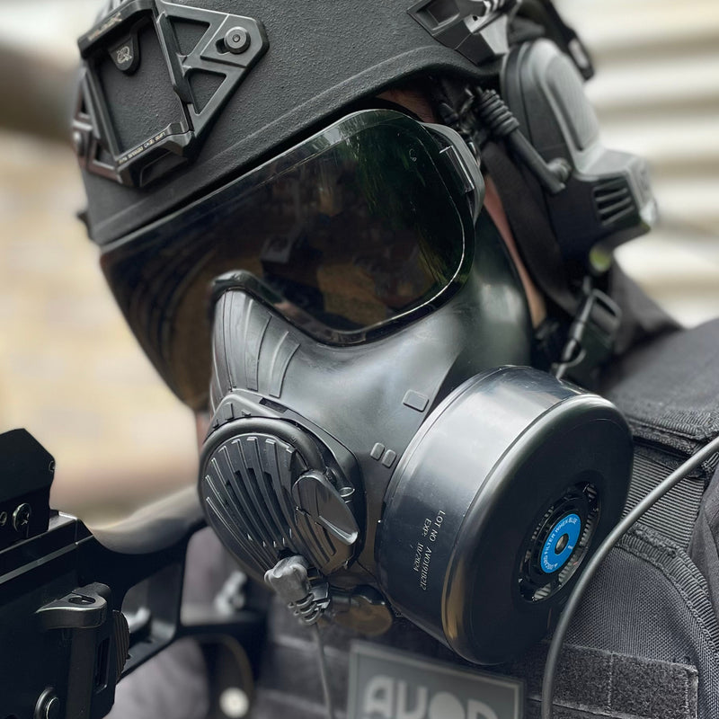 Military operator wearing an Avon Protection C50 respirator.