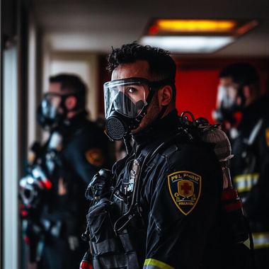 Person wearing a tactical mask and uniform with a visible emblem in an indoor setting
